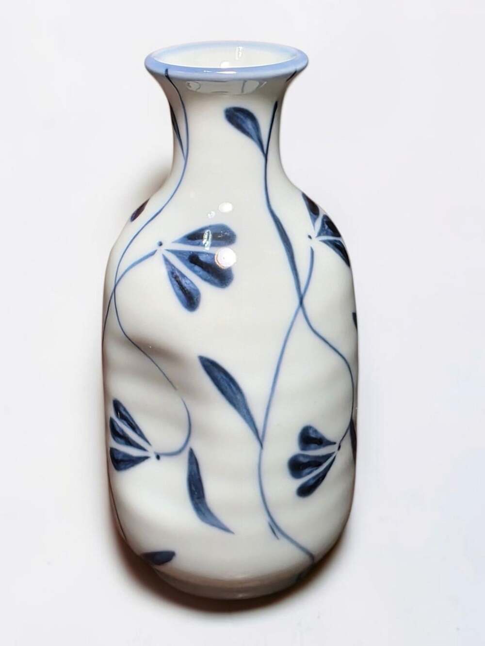 Takahashi San Francisco Japanese Blue and White Ceramic Vase with Floral Pattern
